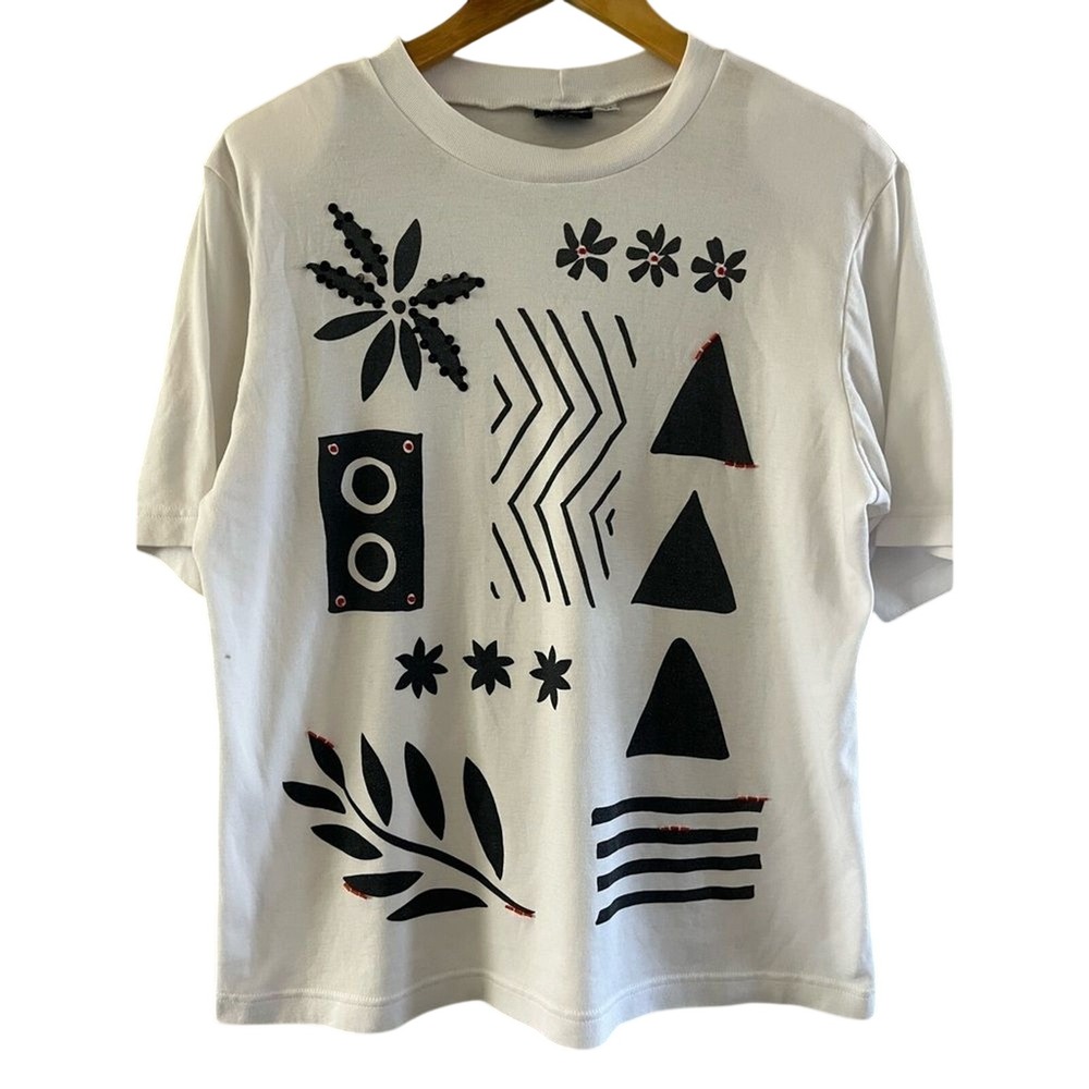 VINTAGE Pyke Limited SZ L/XL T-‎ Shirt Black & White Abstract Shapes 90s Relaxed
